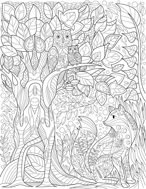 Owls on tall tree branch in forest with small fox below colorless line drawing birds on branches