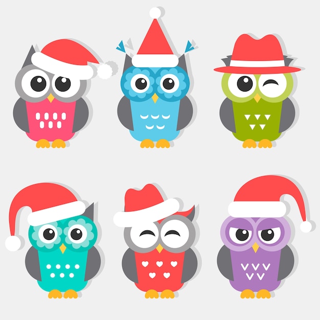 Owls with christmas hats