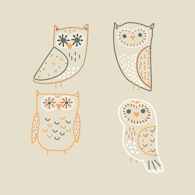 Vector owls with green and orange colors