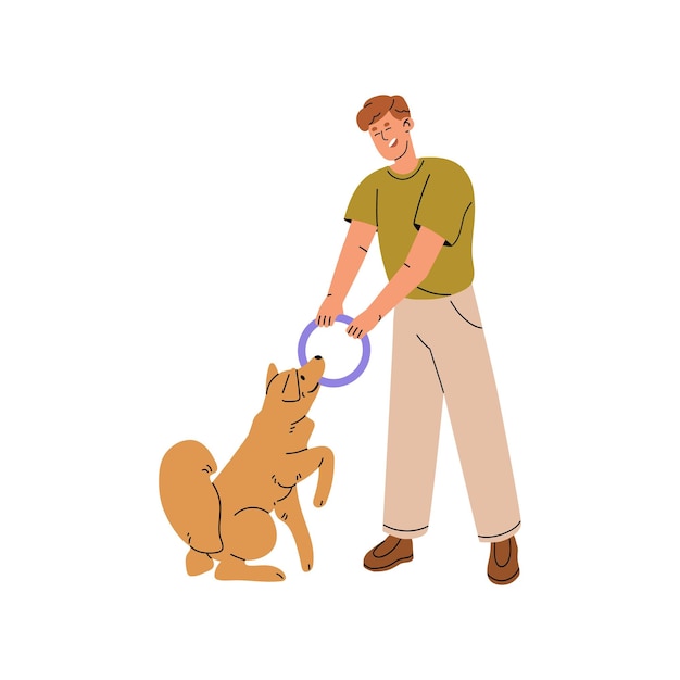 Vector owner fun pulls rubber chew toy with his puppy pet sitter plays with dog trainer teaches command training obedience of fluffy doggy pup does exercises flat isolated vector illustration on white