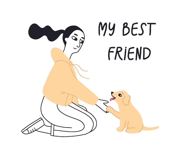 Vector owner girl with a puppy the puppy gives a paw people and dog friendship illustration concept