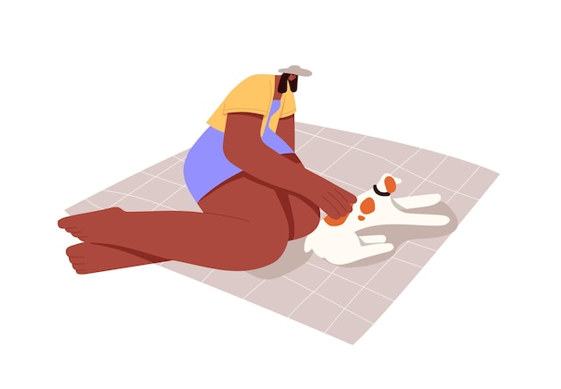 Vector owner in summer hat and her dog lying on picnic blanket together girl pets her spotted puppy person relaxes on beach with doggy at summertime flat isolated vector illustration on white background