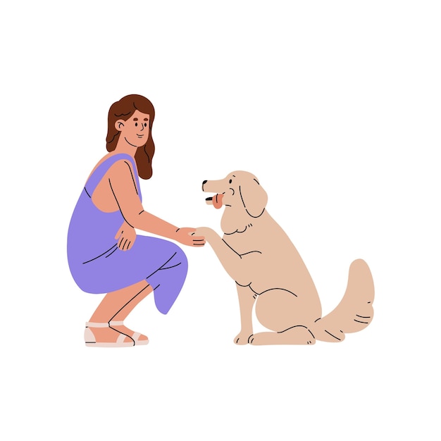 Owner teaches pup tricks basic commands Golden retriever gives shakes paw to girl Trainer plays with fluffy puppy Dog training exercises Flat isolated vector illustration on white background