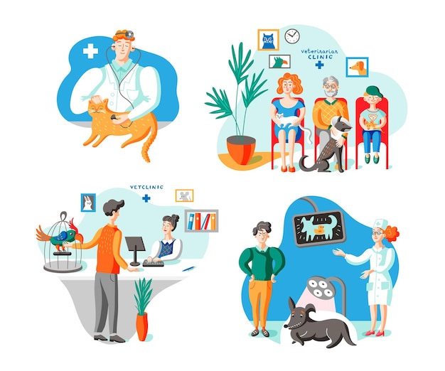Premium Vector | Owners with pets in vet clinic illustrations set woman  holding cat sitting in hospital waiting room guy with exotic bird at medical  center receptionist desk veterinarian examining domestic animal