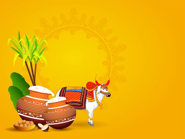Personaggio ox con pentola di fango piena di riso pongali, foglie di banana, canna da zucchero e dolce indiano (laddu) su giallo con copyspace
