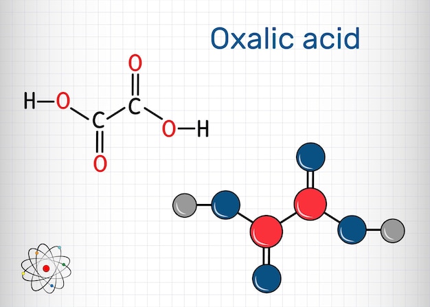 Oxalic acid C2H2O4 molecule It is dicarboxylic acid Structural chemical formula and molecule model Sheet of paper in a cage