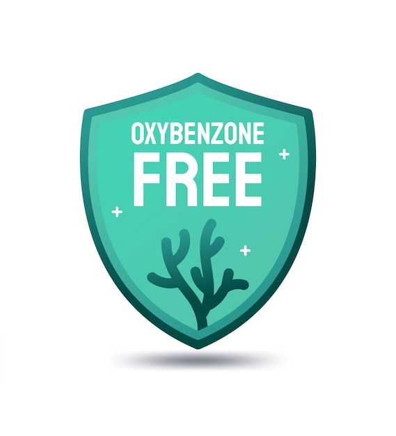Oxybenzone gratis label sticker ontwerp. schild vorm oceaan koraal sparkle symbool teken pictogram vector.