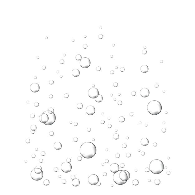 Oxygen air bubbles flow in water on white background Fizzy sparkles in sea aquarium Soda pop Champagne Effervescent tablet Undersea vector texture