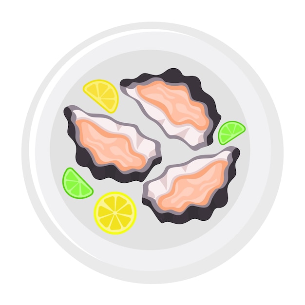 Oysters on a plate with lemons, Asian food