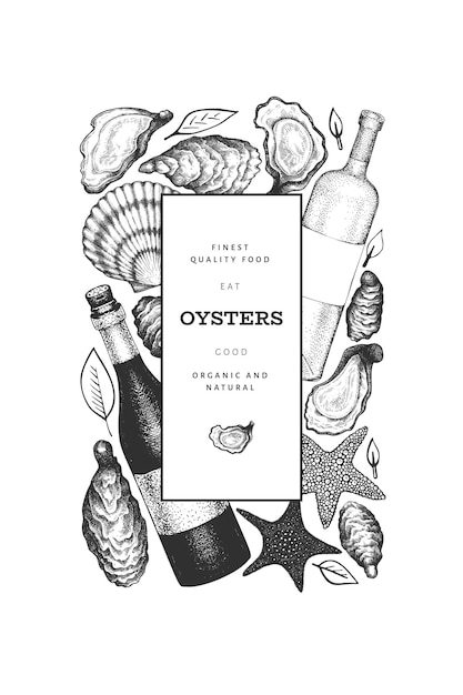 Oysters  template. Hand drawn  illustration. Seafood banner. Can be used for design menu, packaging, recipes, fish market, seafood products.