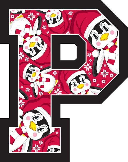 P is for Penguin in Santa Hat Alphabet Learning Educational Illustration