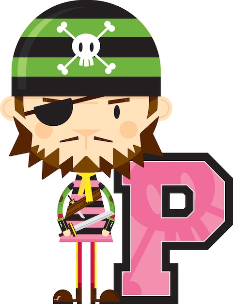 P is for Pirate with Eyepatch Swashbuckling Alphabet Learning Educational Illustration