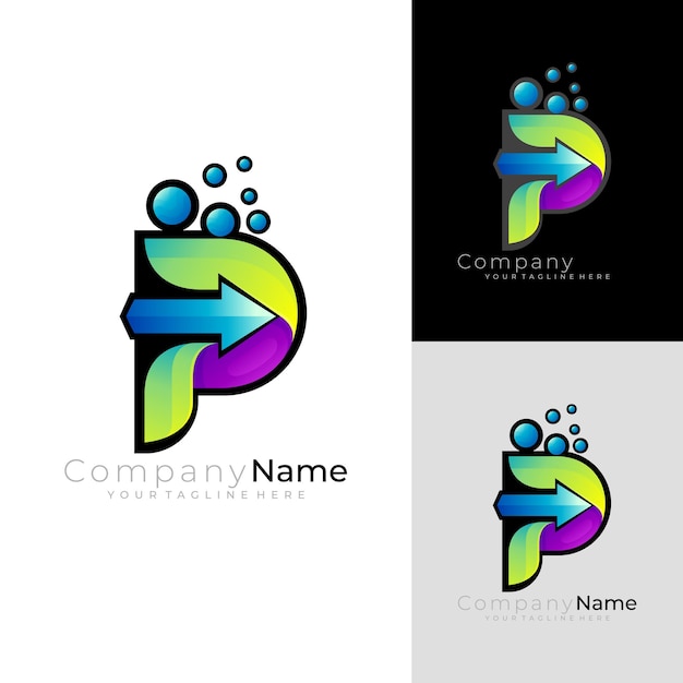 P logo and arrow design abstract 3d style icons