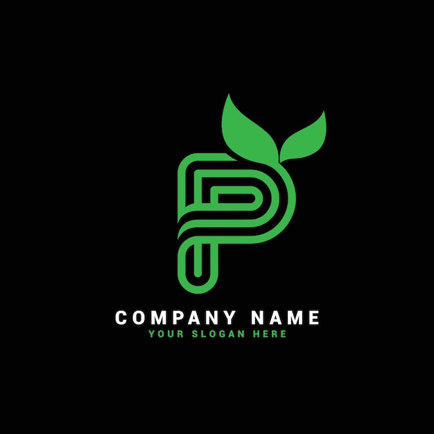 Vettore logo lettera p naturale, logo lettera p con foglie, eco, botanico