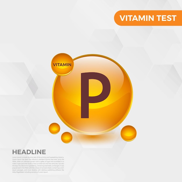 Icona della vitamina p logo goccia d'oro, goccia complessa. illustrazione medica di vettore della brughiera di fondo