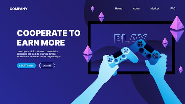 Vettore p2e crypto games landing page concept scegli il tuo joystick guadagna denaro giocando a giochi di criptovalute