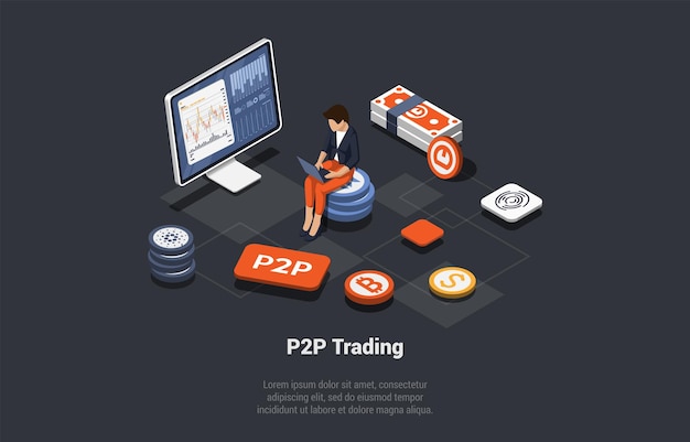 P2P Peer to Peer Онлайн-платформа для обмена криптовалютой Концепция финансовых технологий Женщина вносит деньги для торговли от человека к человеку на платформе P2P Изометрическая 3d мультяшная векторная иллюстрация