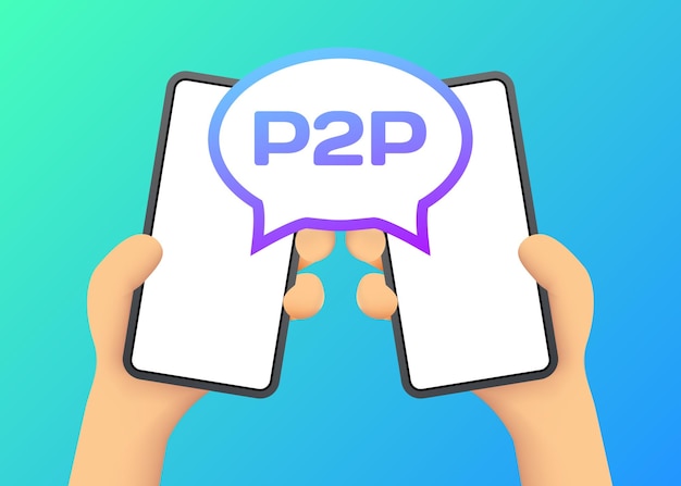 벡터 p2p 표지판: 손에 든 평평한 색의 드폰, p2p 기호, 전화 화면 p2p 지표, 터 아이콘