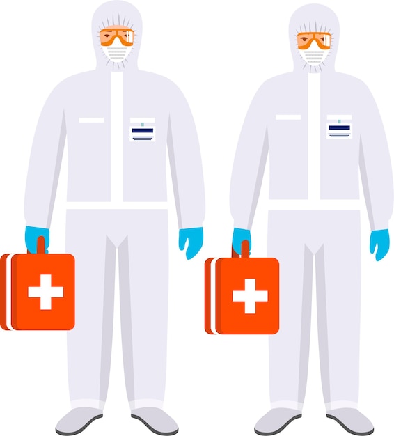 Paar artsen man en vrouw in stralingsbeschermingspak, helm en gasmasker