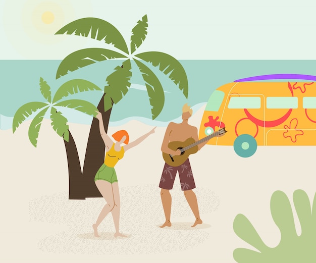 Paar bij de vlakke vectorillustratie van de strandpartij