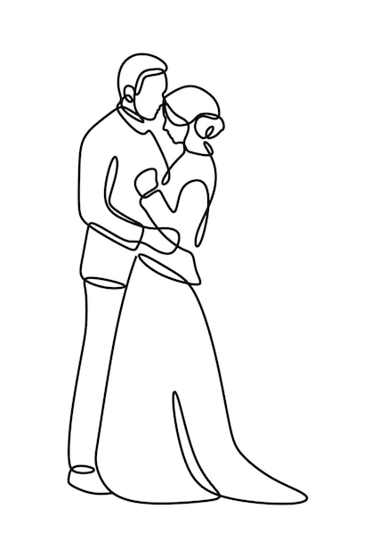 Vector paar bruiloft kus en knuffelen datum één regel doorlopende enkele lijntekeningen