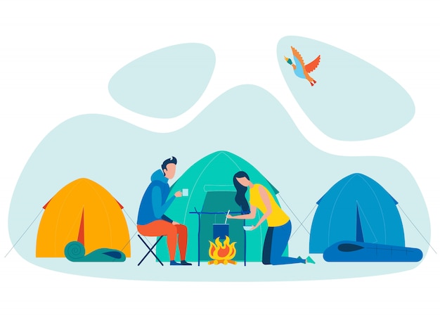 Paar Camping vakantie platte vectorillustratie