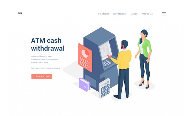 Paar contant geld opnemen uit ATM isometrische illustratie.