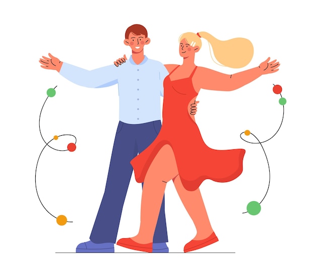 Paar dansen samen concept man en vrouw in rode jurk dansen wals of tango liefde en romantische date gelukkige familie dansers presteren op scène cartoon platte vectorillustratie