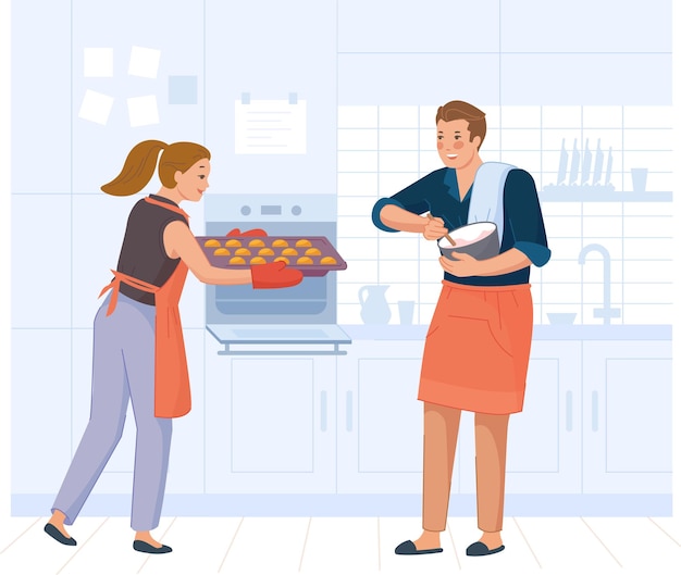 Paar dat gebakken goederen samen voorbereidt. Familie koken taart of eten in de keuken, eten diner, huismaaltijd, culinaire tafel, vectorillustratie geïsoleerd op een witte achtergrond