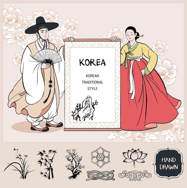 Paar dat Koreaanse traditionele kleding draagt, Hanbok. Man en vrouw die traditionele rol houden.