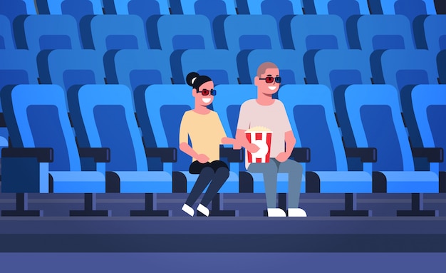 Paar dragen van een 3d-bril kijken naar film zitten in de bioscoop met popcorn en cola man vrouw met date en lachen om nieuwe komedie
