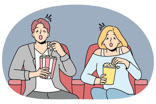 Paar eten popcorn genieten van film in de bioscoop Emotionele man en vrouw voelen zich verbijsterd met film in theater Entertainment en weekend vectorillustratie