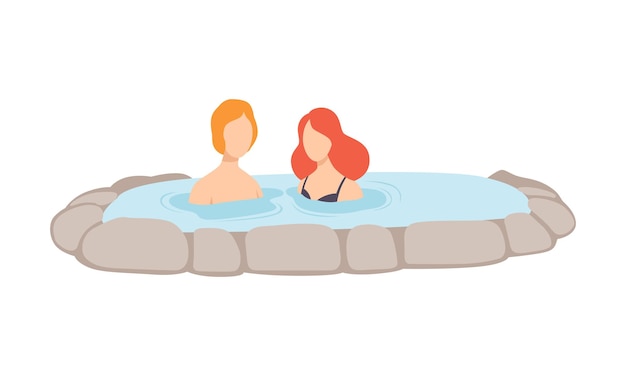 Paar genieten van buiten thermische lente jonge man en vrouw ontspannen in warm water in bad vector illustratie geïsoleerd op een witte achtergrond