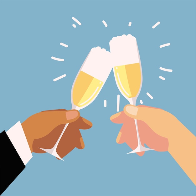 Vector paar handen met champagneglazen viering, cheers illustratie