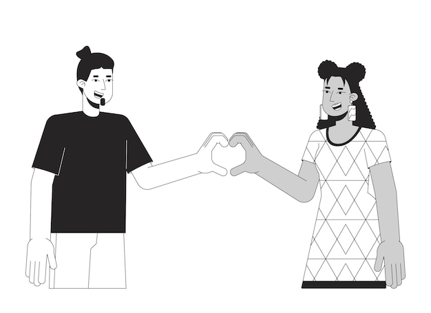 Paar hart handen platte lijn zwart wit vector karakters Man en vrouw Hart gebaar Bewerkbaar omtrek half lichaam mensen op wit Eenvoudige cartoon geïsoleerde spot illustratie voor web grafisch ontwerp