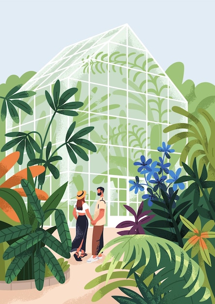 Vector paar in de botanische tuin kas man en vrouw op een date in de kas serre met bladblad planten bloemen verliefde mensen wandelen in het natuurpark platte vector illustratie