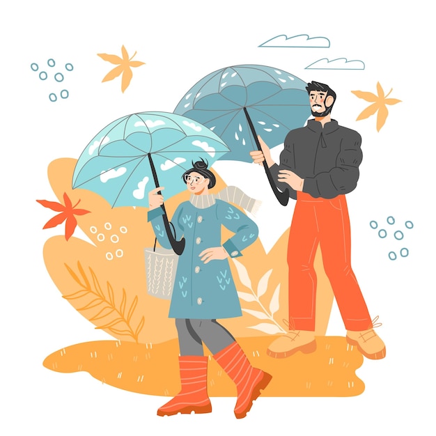 Paar in de regen met paraplu's platte cartoon vector illustratie geïsoleerd op witte achtergrond Herfst seizoen wandeling Man en vrouw lopen bij regenachtig weer