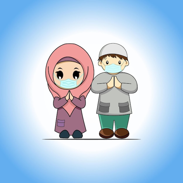 Paar islamitische vrouw en man karakter dragen masker in cartoon stijl illustratie