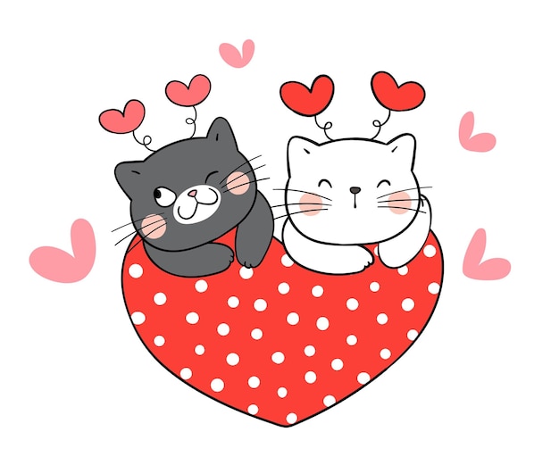 Paar kat met rood hart voor valentijn.
