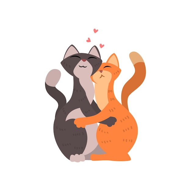 Paar katten schattig verliefd omhelzen elkaar twee gelukkige dieren knuffelen met hart boven hun hoofd vector illustratie geïsoleerd op een witte achtergrond