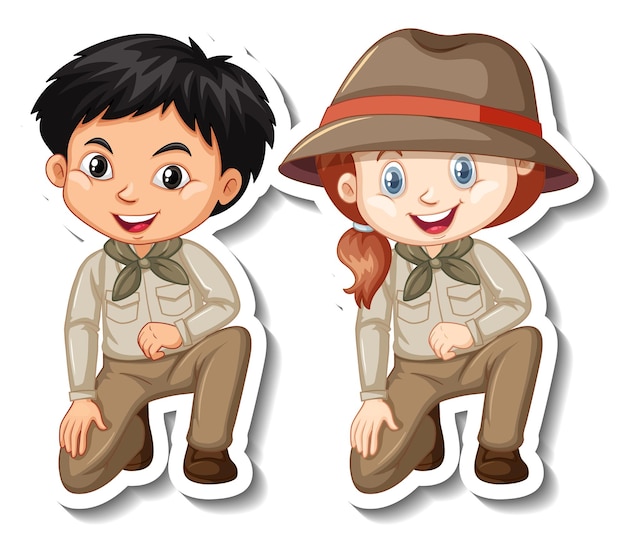 Paar kinderen in safari-outfit stripfiguur sticker