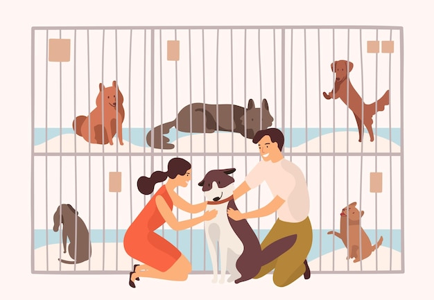 Vector paar lachende jonge man en vrouw die een huisdier adopteren uit een dierenasiel, pond, revalidatie- of adoptiecentrum voor zwerf- en dakloze honden. kleurrijke vectorillustratie in platte cartoonstijl