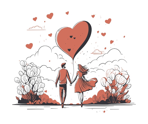 Paar lopen hand in hand met hartvormige ballonnen vector illustraties