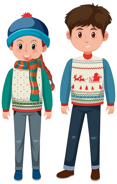 Vector paar man en vrouw die kerstoutfits dragen