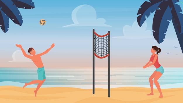 Paar mensen spelen beachvolleybal illustratie.