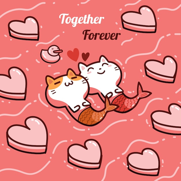 Vector paar minnaar kawaii katten zeemeermin, happy valentine day card