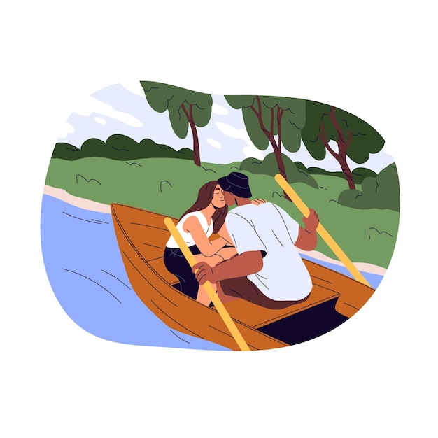 Paar op een romantische date buiten Mensen kussen op een houten boot rit Romance tijdens het wandelen op een bos rivier Jong koppel in een liefdesrelatie Platte geïsoleerde vector illustratie op witte achtergrond