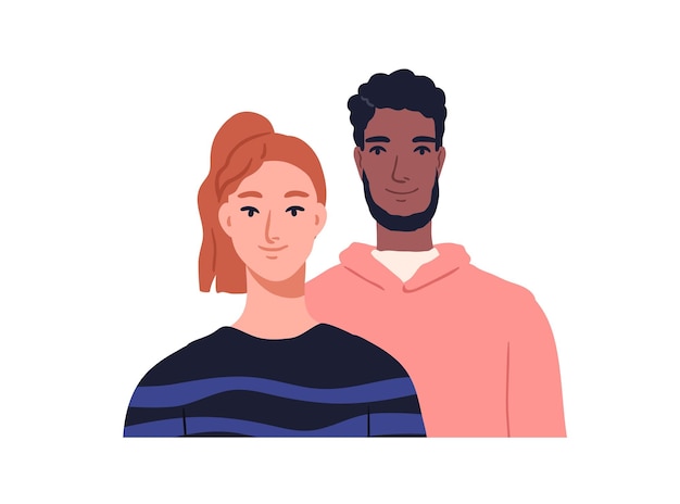 Paar portret. Biraciale man en vrouw gezichten. Gelukkige lachende vrienden, jonge mannelijke en vrouwelijke karakters. Vrouw en echtgenoot van verschillend ras. Platte vectorillustratie geïsoleerd op een witte achtergrond.