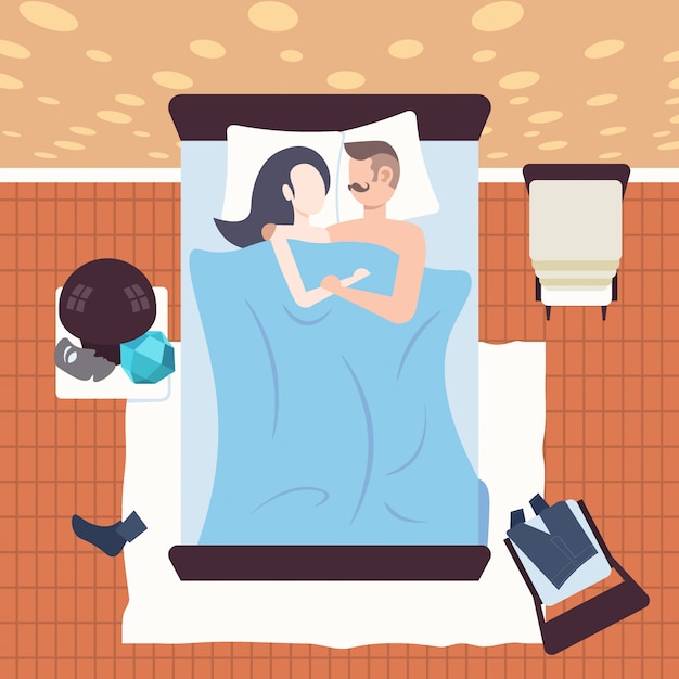 Paar samen slapen man vrouw liggen omarmen in bed moderne slaapkamer interieur vrouwelijke mannelijke stripfiguren bovenhoek bekijken
