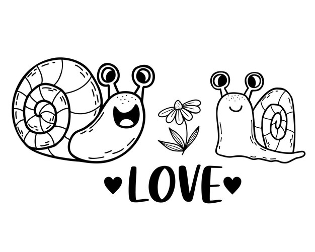 Paar schattige slakken verliefd bloem en woord liefde lineaire hand getrokken doodle grappig karakter clam snail